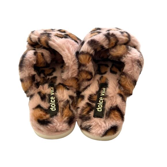 Dolce Vita Leopard Print Faux Fur Cross Band Slippers Womens Cozy Plush Slides 6 - Picture 4 of 8